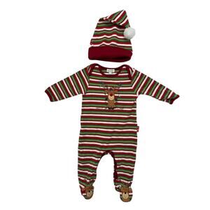 LE TOP Reindeer Stripe Ribbed Romper + Hat Size 6 Months Red Green White Cotton